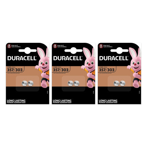6x Duracell 357 303 SR44 silver oxide batteries (3 cards of 2)