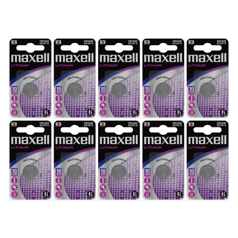 10 cards of Maxell CR1632 3V lithium coin batteries