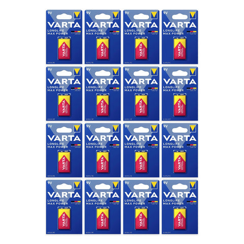 16x Varta Longlife Max Power 9V alkaline batteries in blister cards