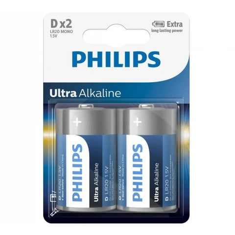 2x Philips Ultra Alkaline D LR20 1.5V Batteries Blister Pack Mono