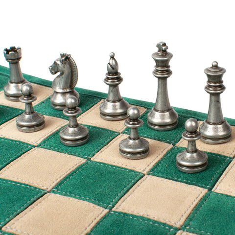 Manopoulos Forest Green Suede Roll-Up Travel Chess Set w/ Metal Chessmen