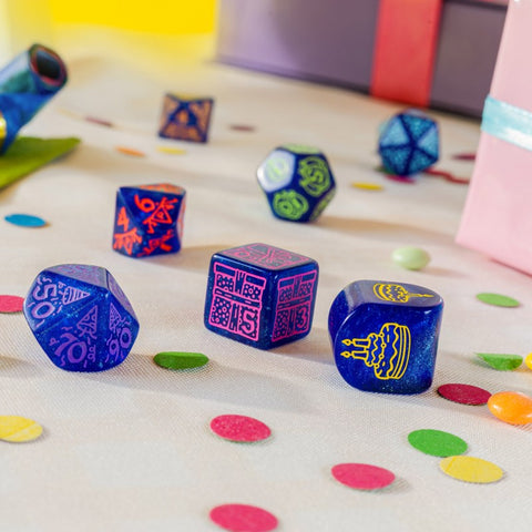 Q-Workshop Happy Birthday Streamers Dice Set 7pc Shimmering Blue RPG