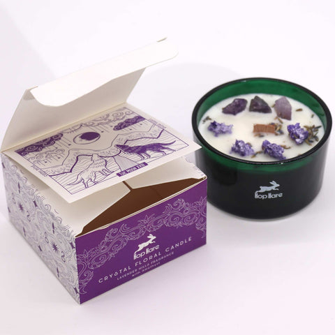 Lavender Amethyst Crystal Candle with Wooden Wick, 22h Burn, Hop Hare