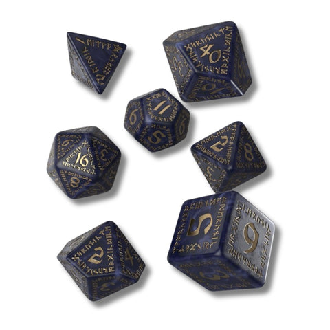 Q-Workshop Runic Dice Set 7pc Mixed Blue Gold Polyhedral RPG DnD