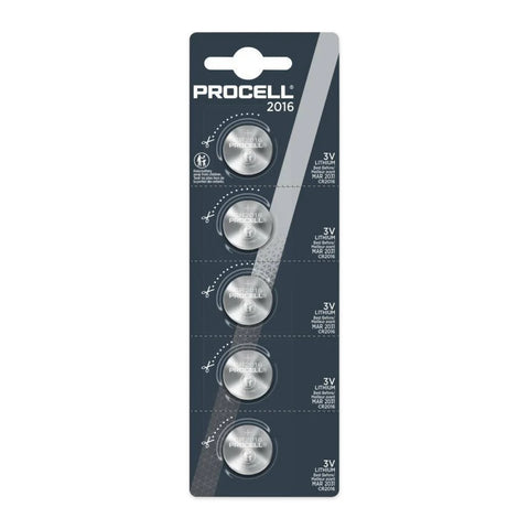 Duracell Procell CR2016 3V lithium coin cell battery 5-pack blister strip