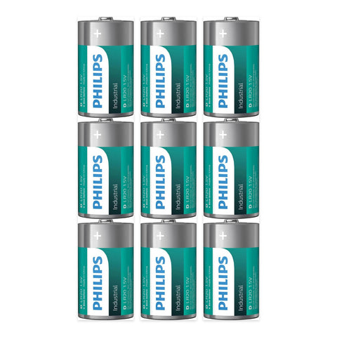 9x Philips Industrial D LR20 Alkaline Batteries