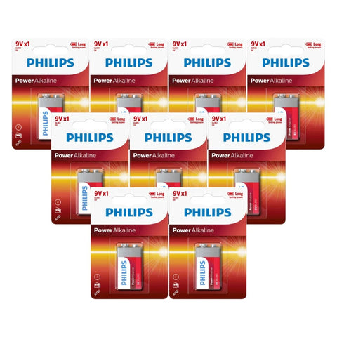 9x Philips Power Alkaline 9V Batteries 6LR61 MN1604 Long Lasting Power
