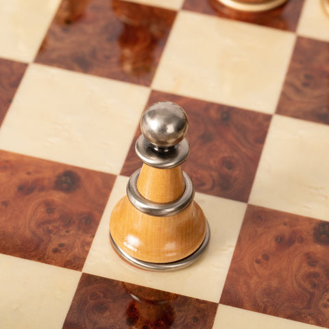 Italfama Handmade Brass & Wood Chess Set, Gold/Silver Plated, Elm Board 60cm