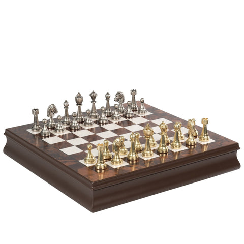 Italfama Handcrafted Metal Chess Set Walnut Wood Board & Storage
