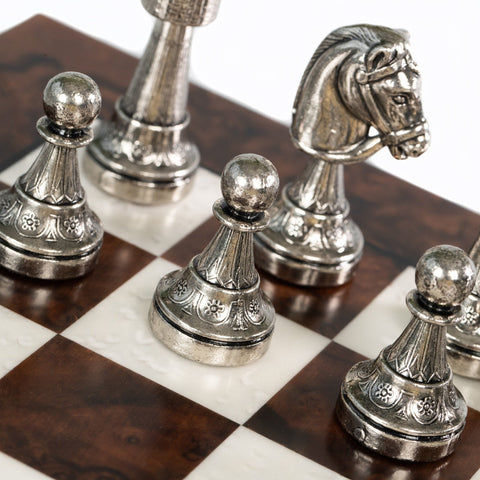 Italfama Handcrafted Metal Chess Set Walnut Wood Board & Storage