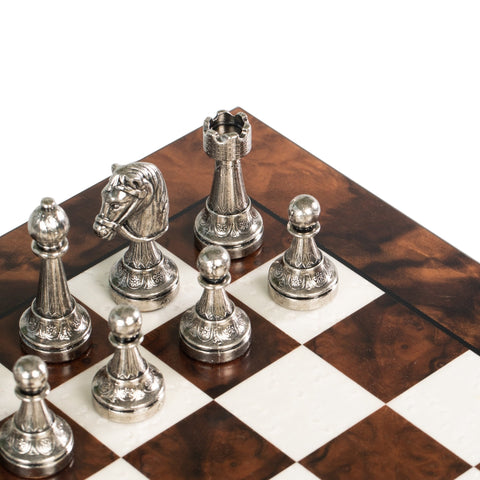 Italfama Handcrafted Metal Chess Set Walnut Wood Board & Storage