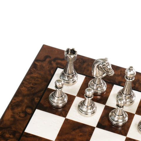 Italfama Handcrafted Metal Chess Set Walnut Wood Board & Storage
