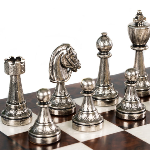 Italfama Handcrafted Metal Chess Set Walnut Wood Board & Storage