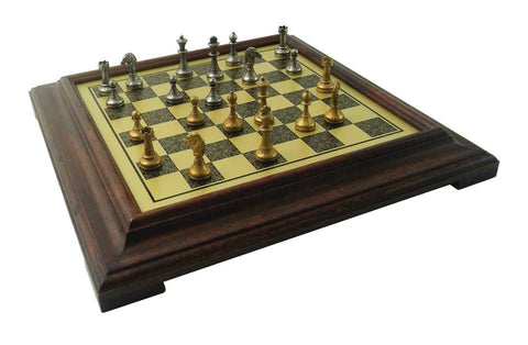 Italfama Luxury Metal Chess Set, Wooden Board, Brass Finish, 36x36cm, Italy