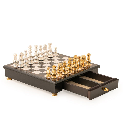 Italfama French-Style Brass Chess Set, Gold/Silver Plated, Wood Board 7.5cm King
