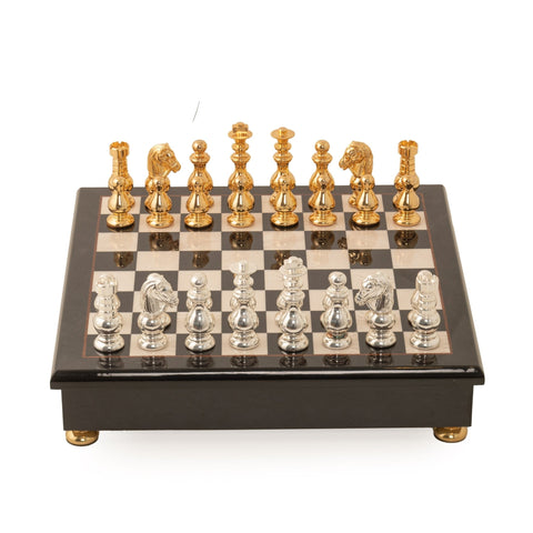 Italfama French-Style Brass Chess Set, Gold/Silver Plated, Wood Board 7.5cm King