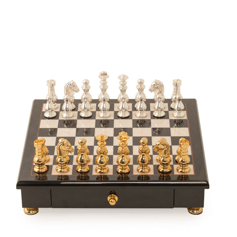 Italfama French-Style Brass Chess Set, Gold/Silver Plated, Wood Board 7.5cm King