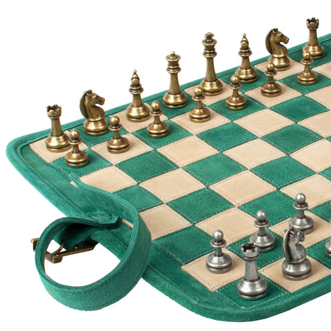Manopoulos Forest Green Suede Roll-Up Travel Chess Set w/ Metal Chessmen