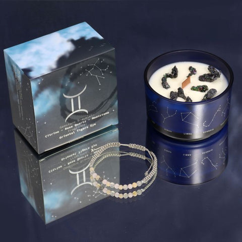Gemini Zodiac Crystal Candle & Gemstone Bracelet Set Citrine Rose Quartz Gift