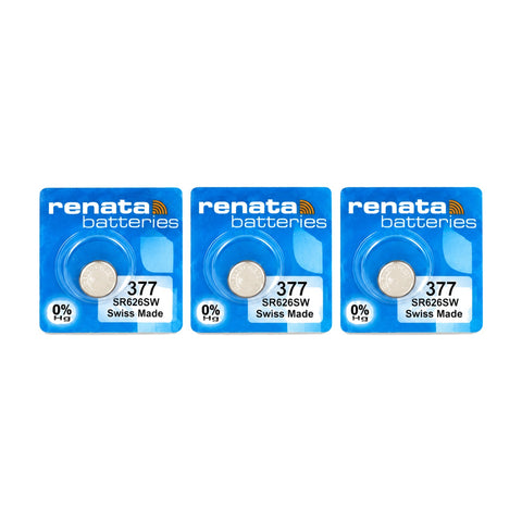 3x Renata 377 SR626SW silver oxide watch batteries - 3 individually sealed pouches