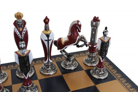 Italfama Renaissance Metal Chess Set Blue Gold Faux Leather Board Italy