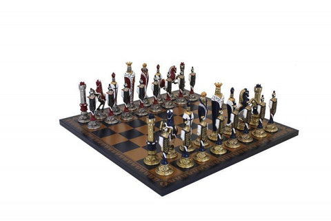 Italfama Renaissance Metal Chess Set Blue Gold Faux Leather Board Italy