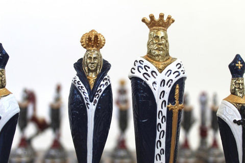 Italfama Renaissance Metal Chess Set Blue Gold Faux Leather Board Italy
