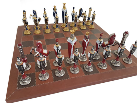 Italfama Renaissance Metal Chess Set, Hand-Painted, Genuine Leather Board, Italy