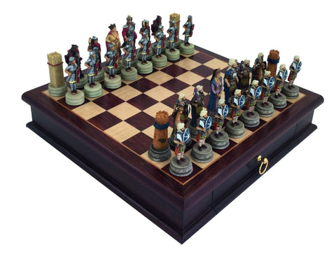 Italfama Romans vs Arabs Chess Set, Hand-Painted Resin, Mahogany Board Drawer