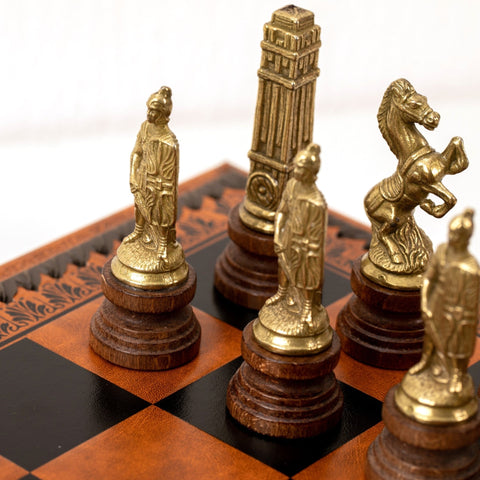 Romans vs Barbarians Metal Chess Set, Faux Leather Board, Checkers & Backgammon