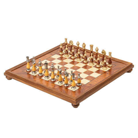 Italfama Handmade Chess Set, Gold/Silver Brass, Elm Board 56cm, Italy
