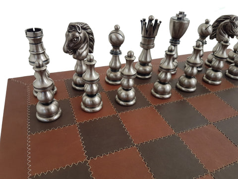 Italfama Italian Brass Chess Set Gold Silver Plated with Leather Board 53cm