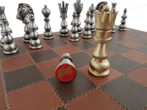 Italfama Italian Brass Chess Set Gold Silver Plated with Leather Board 53cm