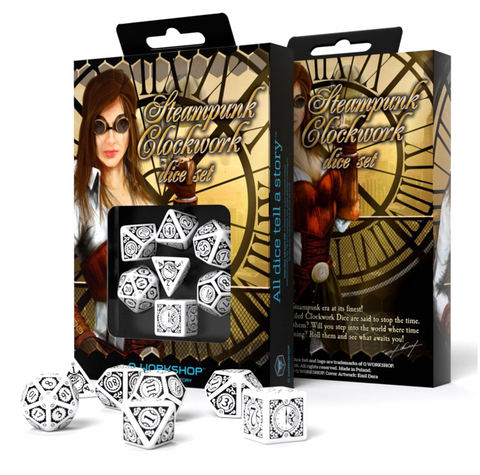 Steampunk Clockwork White Black Polyhedral Dice Set RPG Q-Workshop