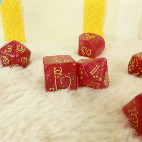 Q-WORKSHOP Puffy Llama Dice Set 7pc Shimmer Raspberry Glitter RPG DND