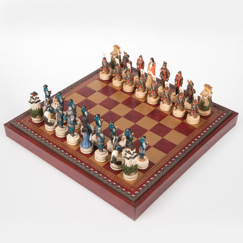Italfama Samurai Hand-Painted Chess Set, Faux Leather Board w/ Storage, 3-in-1