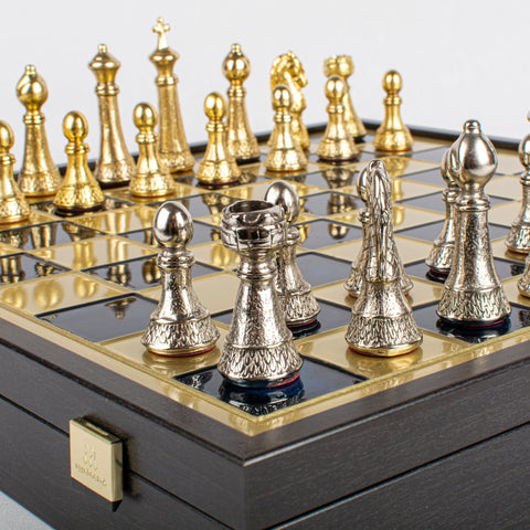 Classic Metal Staunton Chess Set Gold & Silver Chessmen 41Cm Manopoulos Sk33Blu