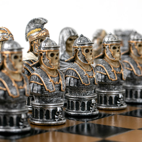 Hand-Painted Skeleton Chess Set, Resin, 40cm Faux Leather Board, Italfama Italy