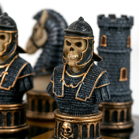 Hand-Painted Skeleton Chess Set, Resin, 40cm Faux Leather Board, Italfama Italy