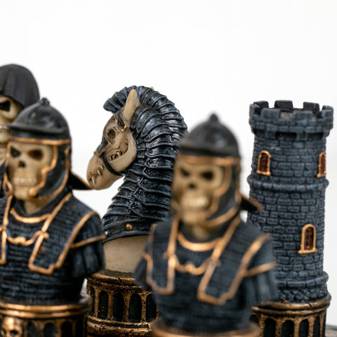 Hand-Painted Skeleton Chess Set, Resin, 40cm Faux Leather Board, Italfama Italy