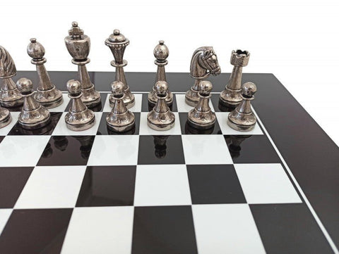Italfama Metal Chess Set with Lacquered Wood Board Handmade in Italy