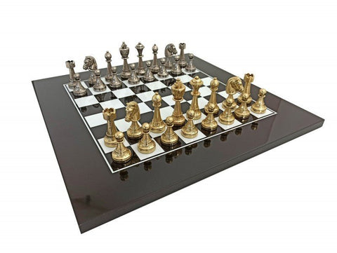 Italfama Metal Chess Set with Lacquered Wood Board Handmade in Italy