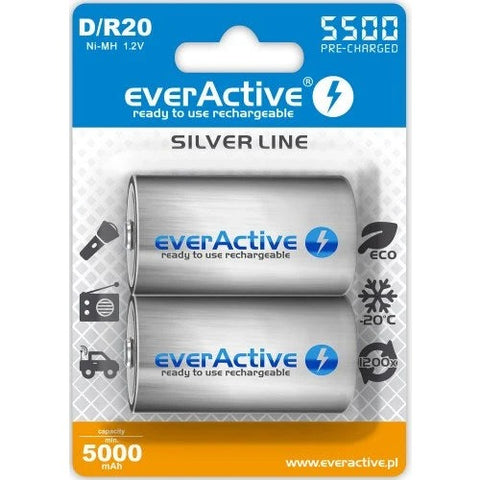 2x EverActive D R20 Alkaline Batteries 1.5V Silver Line 5500mAh