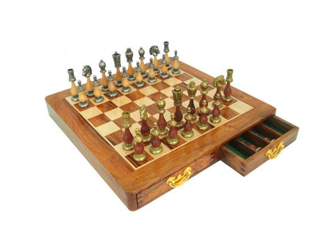 Italfama Italian Metal & Wood Chess Set, Luxury Wooden Board with Drawers 46cm