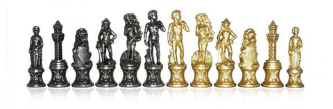 Italfama Florentine Metal Chess Set, Leather Board with Glass Top, Italy