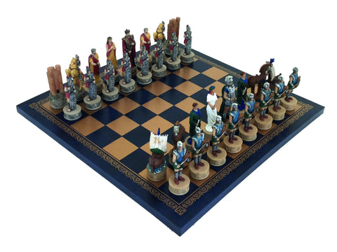 Trojan War Chess Set, Hand-Painted, Faux Leather Board, Made in Italy