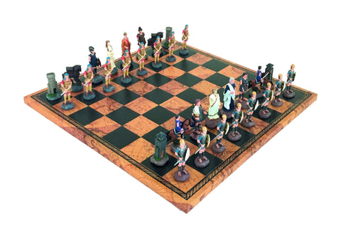 Italfama Trojan War Pewter Chess Set with Vintage Faux Leather Board