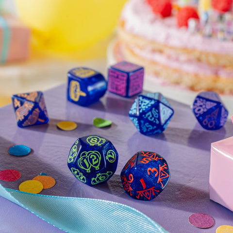 Q-Workshop Happy Birthday Streamers Dice Set 7pc Shimmering Blue RPG