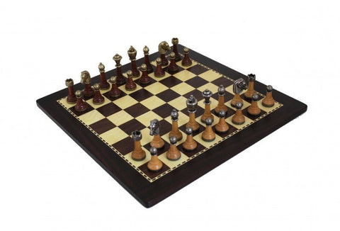 Italfama Walnut Chess Set, Metal Pieces Gold/Silver, 40x40 cm, Made in Italy