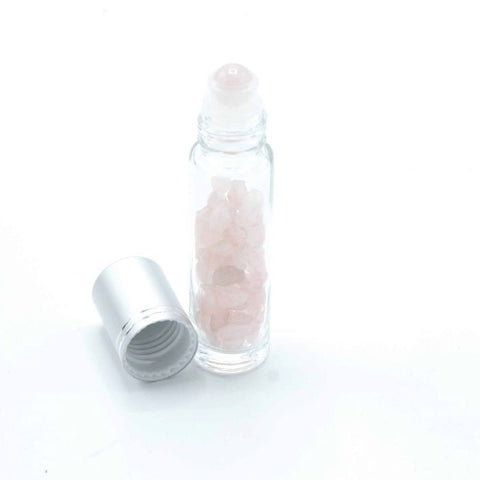 Rose Quartz Essential Oil Roller Bottle with Silver Cap, Gemstone Rollerball